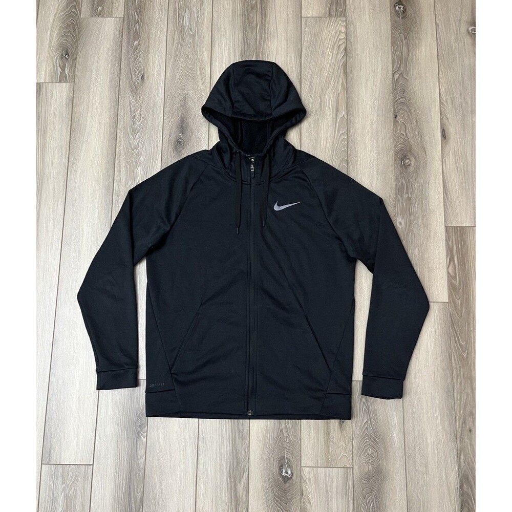 Nike Dri-Fit Full Zip Black Hooded Long Sleeve Fleece Sweatshirt Mens Sz Medium